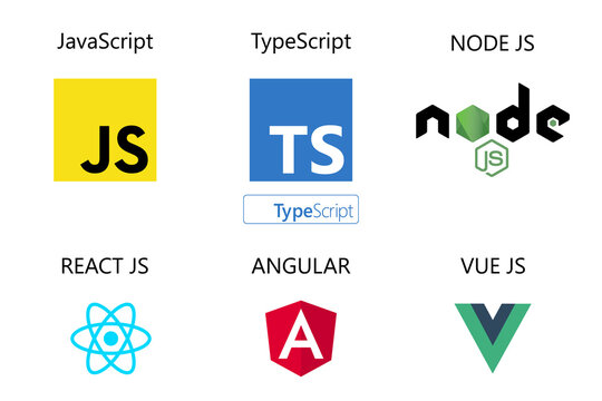 Vector collection of web development signs: javascript, typescript, react js, angular, vue js and node js.	