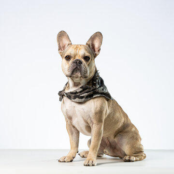 Small french bulldog sitting on a white background looking cool