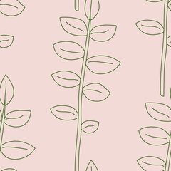 Seamless vector green leaves pattern. Thin line botanical illustration background. Stylish trendy plant organic nature wallpaper. Tropical pattern