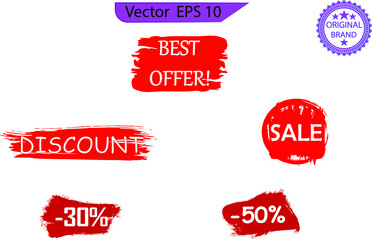Business labels and badges, discount banners set,  offer discount coupons. Sell red Grunge icon Paint Banners set on transparent background. High resolution.