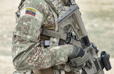 Soldier with assault rifle and flag of Ecuador on military uniform. Collage.