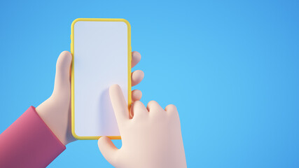 Cartoon hand holding yellow blank smartphone