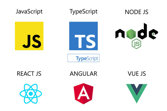 Vector collection of web development signs: javascript, typescript, react js, angular, vue js and node js.