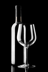 red wine bottle and wine glass isolated on black background