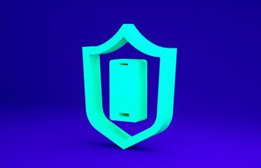 Green Smartphone, mobile phone with security shield icon isolated on blue background. Security, safety, protection concept. Minimalism concept. 3d illustration 3D render.