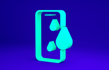 Green Waterproof mobile phone icon isolated on blue background. Smartphone with drop of water. Minimalism concept. 3d illustration 3D render.