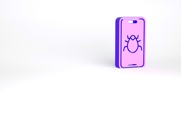 Purple System bug on mobile icon isolated on white background. Code bug concept. Bug in the system. Bug searching. Minimalism concept. 3d illustration 3D render.