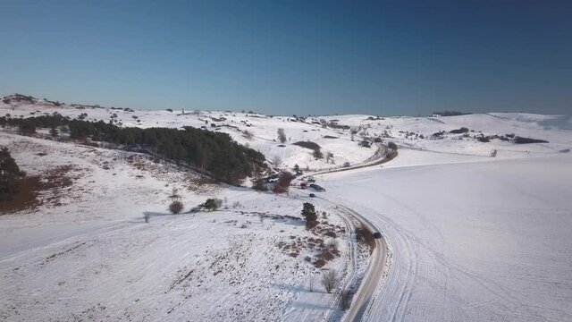 aerial snowy landscape footage from mols bjerge and djursland located in central denmark