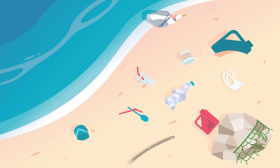 Fototapeta na wymiar プラスチックごみに汚染される砂浜と海のベクターイラスト