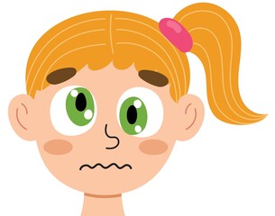Confused girl face. Little dizzy kid clipart. Messy emotion. Emotional expression head close-up. Feeling concept vector illustration