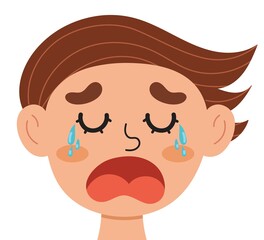 Crying boy face. Little sad kid clipart. Pain emotion. Emotional expression head close-up. Feeling concept vector illustration