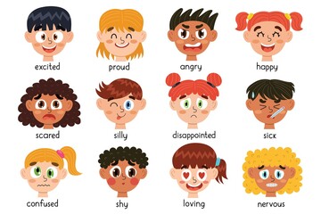 Cute kids emotions faces collection. Different emotional expressions of children bundle. Learning feeling poster for school and preschool. Faces of boys and girls. Vector illustration - 416717184