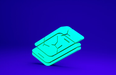 Green Smartphone with broken screen icon isolated on blue background. Shattered phone screen icon. Minimalism concept. 3d illustration 3D render.