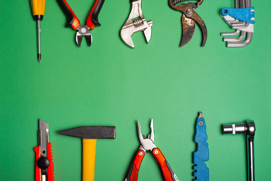 Photo set of different tools for engineering and repairing concept.