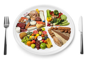 Cutlery near plate with different products on white background. Balanced food