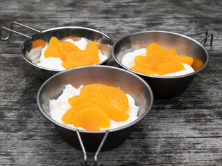 アウトドアで食べるフルーツ杏仁豆腐