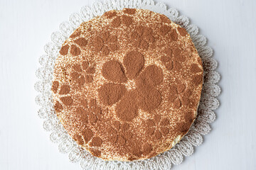 summer cake sweet baked dessert physalis chocolate caramel cheesecake with pistacios sprinkle on top 