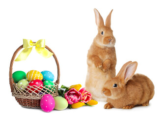 Cute bunnies and wicker basket with bright Easter eggs on white background