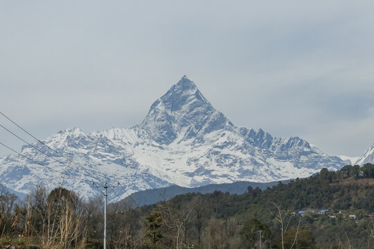 Snow-covered mountain, unclimbed mountain machhapuchre/fishtail of Nepal.