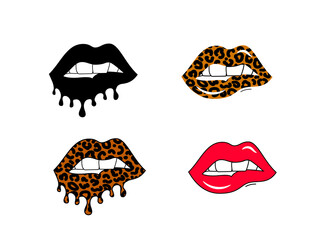 Set of dripping lips with leopard print isolated on a white background for poster or banner. Vector stock illustration.