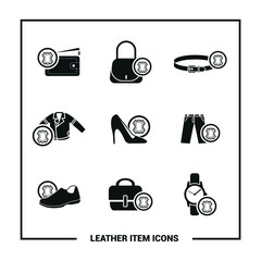 Vector image. Leather objects icons. Icon of men's and women's shoe, a bag, a belt, a jacket, a pants, a
briefcase, a watch strap and a leather wallet.