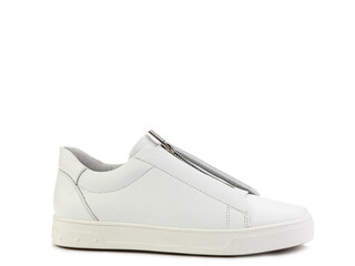 White leather sneakers with zipper in front instead of laces. Casual women's style. White and brown rubber soles. Isolated close-up on white background. Right side view. Fashion shoes.