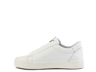 White leather sneakers with zipper in front instead of laces. Casual women's style. White and brown rubber soles. Isolated close-up on white background. Left side view. Fashion shoes.