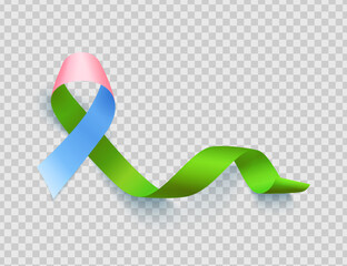 Symbol of rare disease, realistic pink, green, blue ribbon. Template for awareness day on 28 february over transparent background, vector illustration.