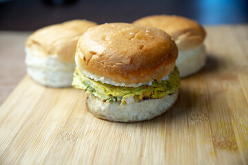 Close up of Delicious Burger with omelette ,Omelet Burger
