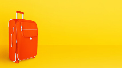 Orange suitcase, baggage, luggage, trolley bag closeup bright yellow background, travel banner, summer holidays design, vacation concept, tourism, border, frame mockup, template, empty text copy space