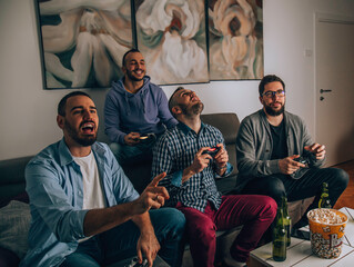 Four happy men playing games and drinking beer while sitting on sofa.