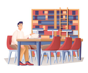 Man at library scene. Young guy sitting at table with books under lamp studying, working or reading vector illustration. Modern room interior design with desk, chairs, bookcase with ladder