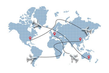 Concept of different paths of aircraft flight on the world map