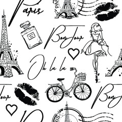Fashion seamless pattern. Bonjour Paris. pattern with original calligraphic fonts, sketch Eiffel Tower and lips. for  fashion clothes, t shirt, child, wrapping paper. Creative girlish design  