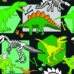 Seamless  Dino pattern, print for T-shirts, textiles, wrapping paper, web. Original design with t-rex,dinosaur skeleton.  grunge design for boys . 