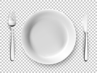 White plate, fork, knife table cutlery set. Empty dishes for dinner, breakfast or lunch vector illustration. Clean dining utensils isolated on transparent background, above view