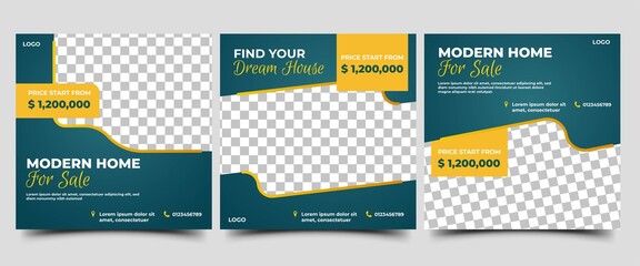 Social media post template design bundle for house selling. Promotion banner with a dark blue background and yellow frame. Usable for social media, flyers, banners, and web ads.