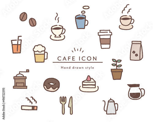 手描きのカフェのアイコンセット コーヒー 珈琲 紅茶 スイーツ イラスト 飲み物 マグカップ Alcohol Wall Mural Alcoh Yugoro