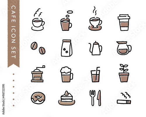 手描きのカフェのアイコンセット コーヒー 珈琲 紅茶 スイーツ イラスト 飲み物 マグカップ Alcohol Wall Mural Alcoh Yugoro