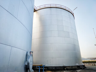 Fuel storage tank oil. Large white industrial for tank oil. Crude oil export factory industry And storage tank . industrial pipes 
