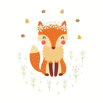 Cute funny fox in daisy crown, bees, flowers, isolated on white. Hand drawn wild animal vector illustration. Scandinavian style woodland. Flat design. Concept for kids fashion, textile print, poster