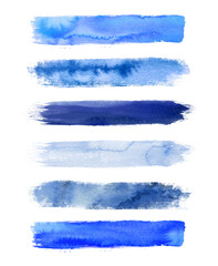 Watercolor blue brush strokes isolated on white background. Abstract collection, elements for design.