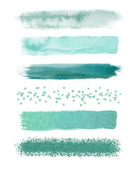 Watercolor emerald and glitter brush strokes isolated on white background. Abstract collection, elements for design.