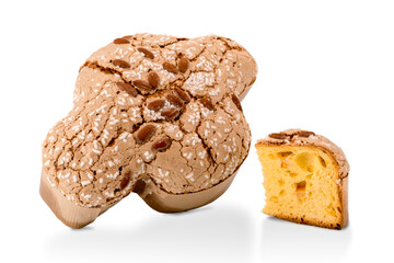 Colomba Pasquale, Italian Easter dove with glazed sugar and almonds. Cake and slice isolated on white background