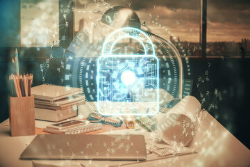 Multi exposure of lock drawing and office interior background. Concept of data security.