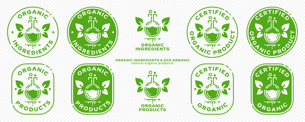 Conceptual marks for product packaging. Labeling - organic ingredients. The brand with the flask, with the winged leaves and the line of the ingredient is the natural flight of the ingredient. Vector