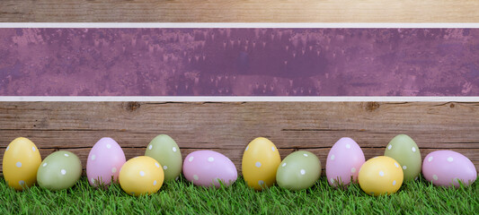 Easter background panorama greeting card - Many pastel painted dotted Easter eggs on fresh green meadow grasses and rustic wooden wood wall with empty purple pink banner
