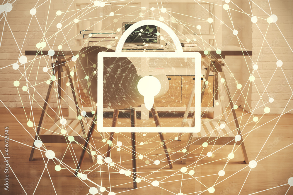 Poster multi exposure of lock drawing and office interior background. concept of data security.