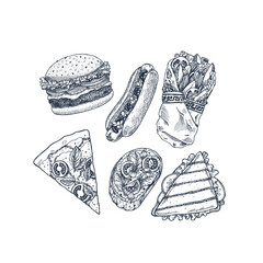 Hand drawn fast food set. Pizza, Italian bruschetta, burger, sandwich, hotdog, greek gyros. Vector illustration. 