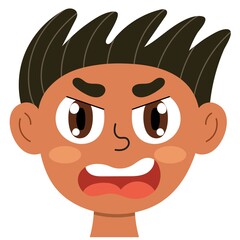 Angry boy face. Little annoyed kid clipart. Mad emotion. Rage emotional expression head close-up. Feeling concept vector illustration